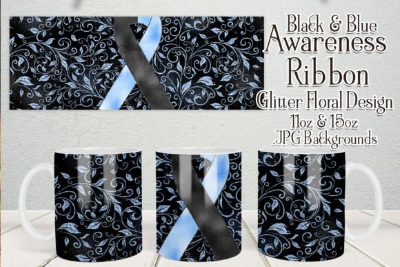 Black Blue Awareness Ribbon Mug Designs for Crafts and Graphics